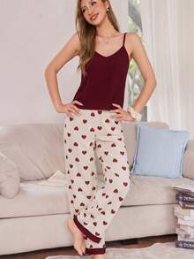 Snug Reverie Solid Color V-Neck Camisole Contrast Heart Print Pants Pajama Set Sleeping Burgundy Beige Summer Cute - Multicolor - View 6