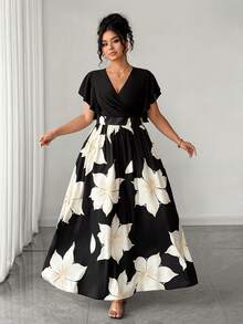 Elenzga Plus Size Elegant Floral Print Patchwork Dress, Summer - Black - View 3