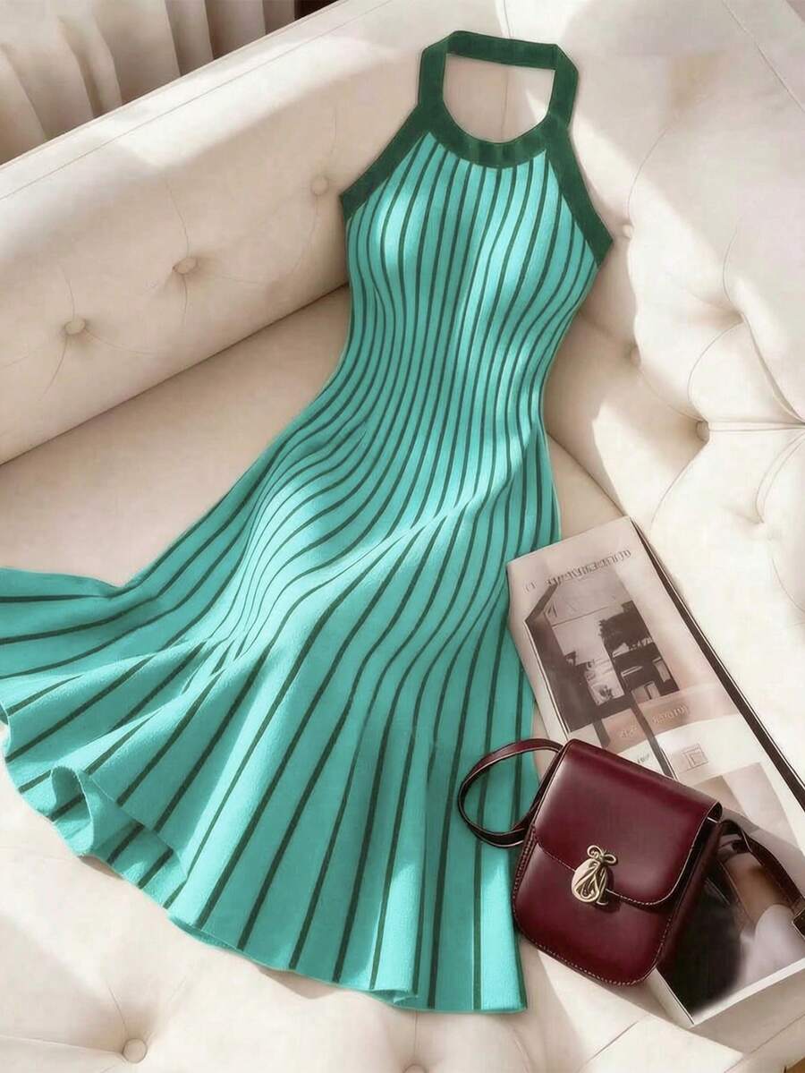 SHEIN Franclia 女士条纹拼接休闲派对针织连衣裙 - 綠色 - 查看 1