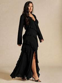 SHEIN BAE Plus Size Women Solid Color Ruffle Hem Long Sleeve Dress Fall - Black - View 4