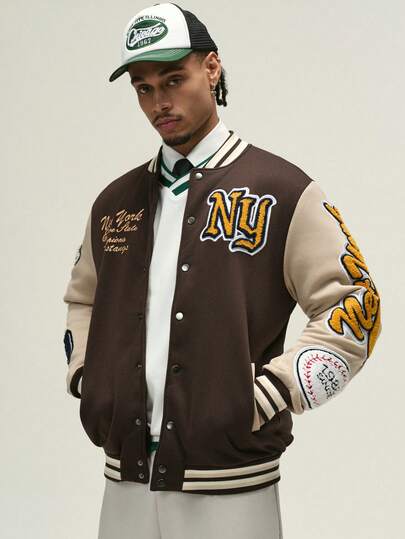 ÉpureWay Men's Casual Color Block Front Button Long Sleeve Rave Baseball Jacket, New York Jacket, Graphic Jacket, For Fall