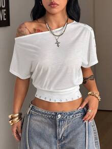 Coolane Women's Summer Music Festival Streetwear Daily Wear Casual Y2k Stretchy Grommet Eyelet Fitted White Asymmetrical Neck Tighten The Waist Short T-Shirt,Summer Top - White - View 6