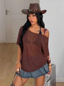 Coolane Trang phục mùa hè dành cho nữ, phong cách đường phố, đi lễ hội âm nhạc, đi chơi, hippie, rave, trang phục thường ngày, kỳ nghỉ, gợi cảm, kiểu miền Tây, đồ đi biển, chất liệu lưới thoáng khí, thoải mái, màu nâu, cổ bất đối xứng, dáng rộng, áo khoác ngoài. - màu nâu - Xem 4