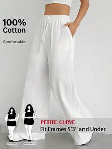 SHEIN PETITE CURVE 大码女式纯色抽绳腰带口袋休闲日常裤 - 白色 - 查看 1