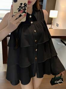 FRIFUL Women's Regular Turndown Collar Metal Button Decor Loose Multi-Layer Ruffle Patchwork Loose Solid Color Summer Blouse - Black - View 2