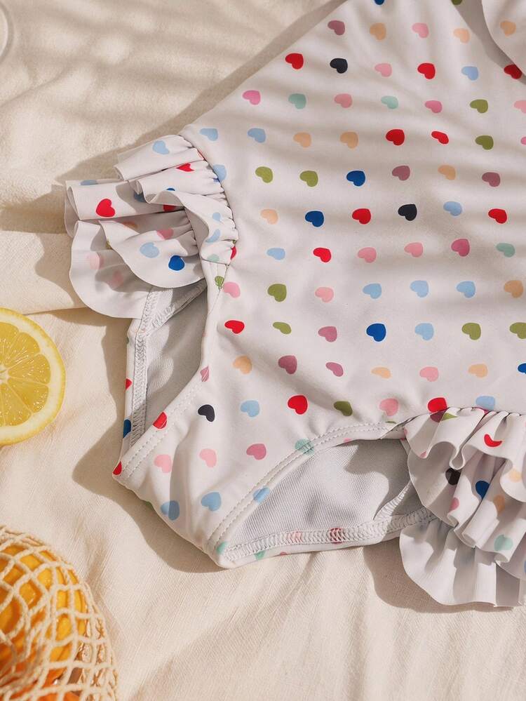 Infant/Toddler Girls' Floral Print Ruffle Trim Long Sleeve Swimsuit, Casual Vacation