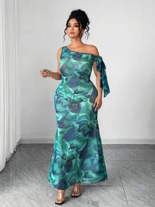 SHEIN Clasi Plus Size Women's Teal Summer Dress, Tropical Holiday Vacation Print Sleeveless Asymmetric Neck Bowknot Tie Waist Fishtail Hem Wedding Guest - Green - View 8
