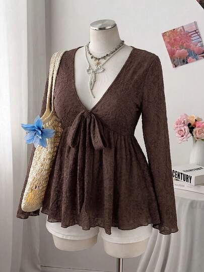 Sweetra Plus Size Dam Casual Pendlare Cashew Blommig Långärmad T-shirt
