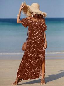 Breezaya Gaun Wanita Motif Polkadot dengan Hiasan Ruffle dan Belahan Tinggi di Bahu, Cocok untuk Liburan di Pantai - MultiWarna - View 3