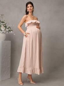 Đầm cho con bú SHEIN Maternity Gingham Frill Trim, màu hồng, mùa hè, có túi bên hông. - Hồng - Xem 4
