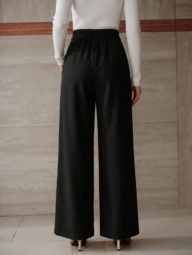 WOMEN'S SPRING/SUMMER FOLD PLEATED DECORATED BUTTON ACCENT FASHIONABLE VERSATILE WIDE LEG PANTS