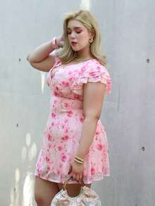 CHERRY TINTT SELECTION Plus Size Women Elegant Floral Mesh Printed Tight Fitted Deep V-Neck Dress, Slimming, Arm Flattering, 4th Of July Curve,Beach Outfit For Women,Airport Outfit Women,Festival Outfits Women,Graduation ,Women Summer Clothes,Going Out Tops Women,Rave Outfits,Club Outfits Women Sexy,Birthday Outfits For Women,Western Wear Women,Wedding Guest Dress Women,Summer Dresses For Women,Holiday Outfits,Vacation Outfits Woman,Pink Dress - Pink - View 6