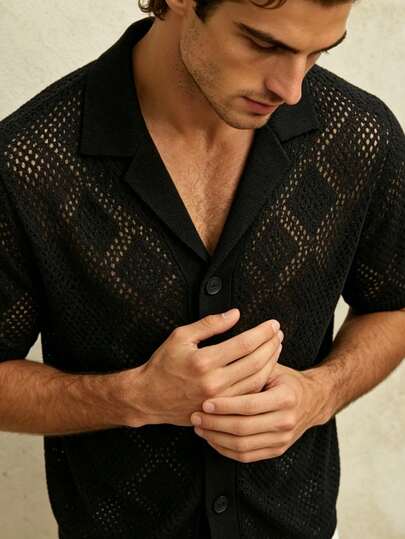 Airaco Men's Summer Holiday Front Button Hollow Knit Shirt