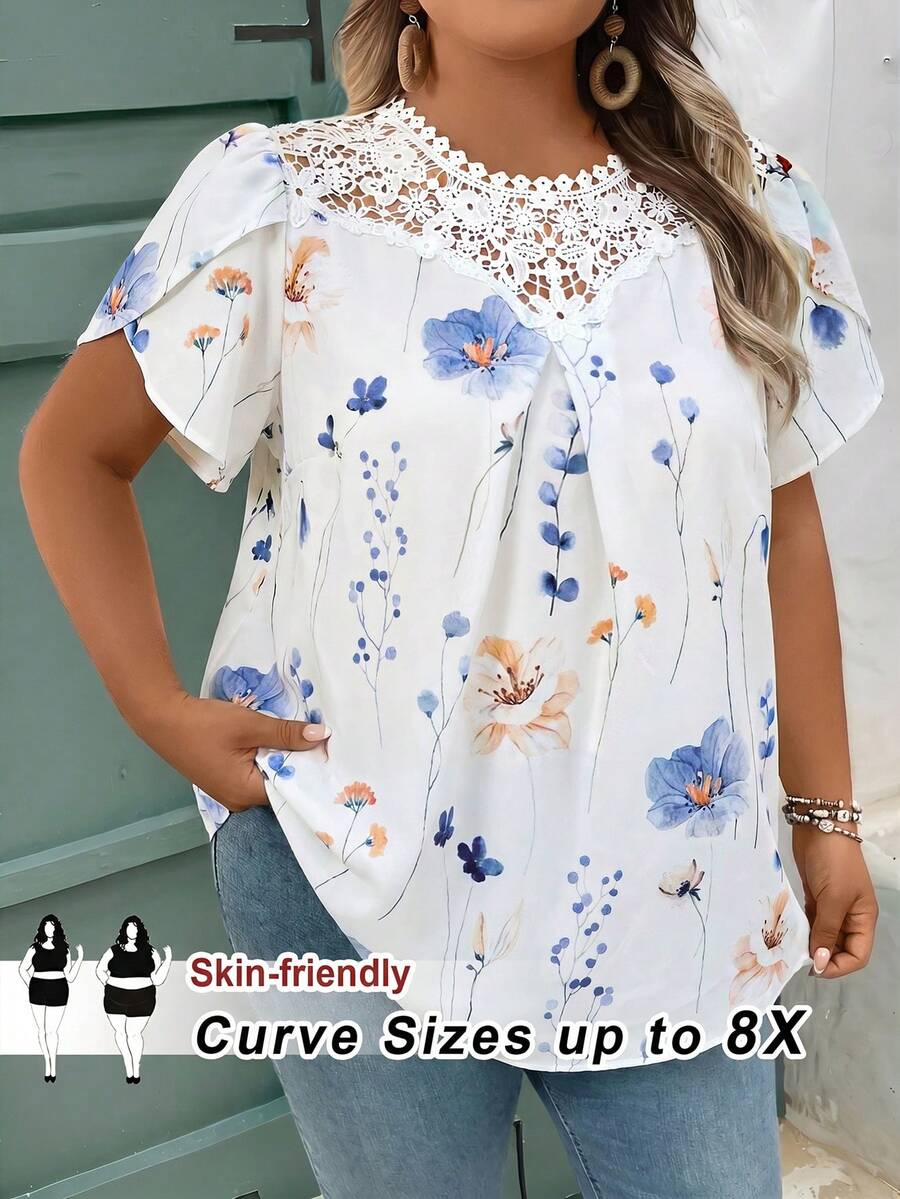 SHEIN CURVE+ 大码女式假日蕾丝花卉印花花瓣短袖衬衫,适合夏季/乡村/海滩度假穿着,沙滩装/沙滩服饰 - 彩色 - 查看 1
