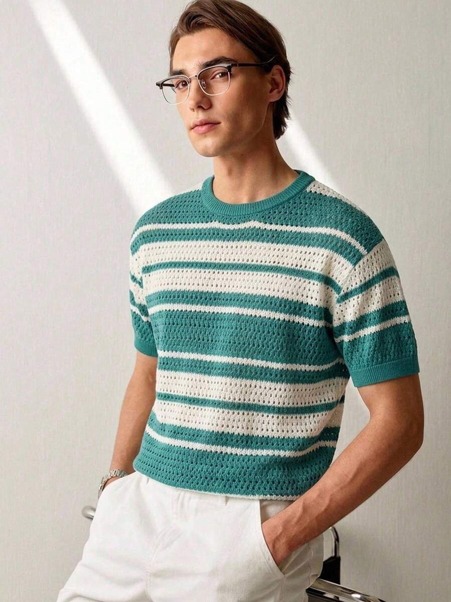 RONVEXI Men's Contrast Stripe Short Sleeve Knit Top Vacation Outfits For Men Outfit For Beach Men Spring Outfits For Men Mens Summer Outfits Retro Outfit For Men Men Summer Outfits Fashion Outfit For Men Outfit For Men Beach Holiday / Vacation / Beach / Hawaii / Tropical / Swim / Bathing Men S Summer Outfits - Blue - View 1