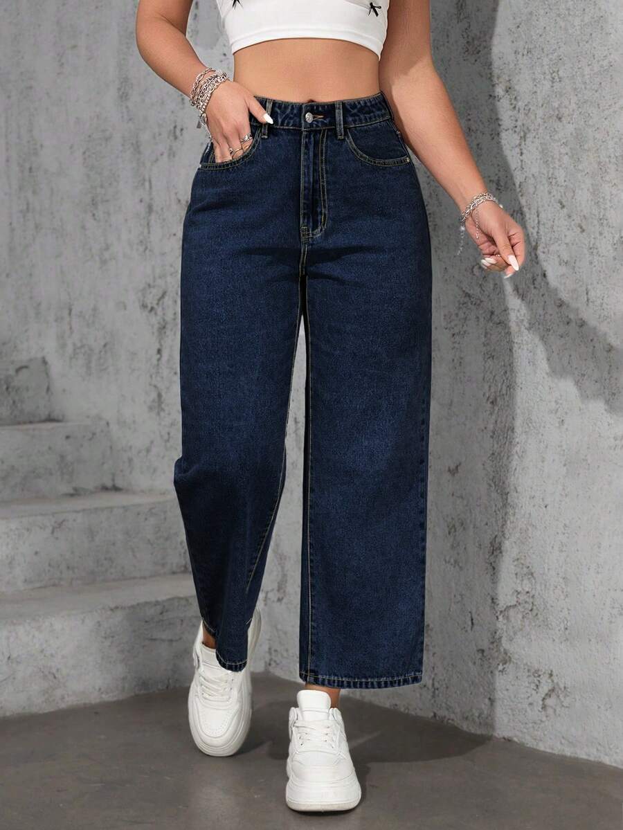 SHEIN ICON 大码女式休闲宽松直筒浅蓝色无弹力牛仔裤 - 深色水洗藍 - 查看 1