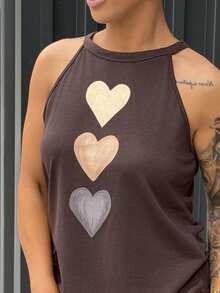 SAYEHFBABY Heart Pattern Casual Neck Tied Slim Fitting Tank Top For Women, Suitable For Summer Back To School - Brown - View 3
