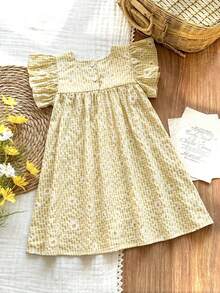 Vintaside Kids 女童夏季甜美清新雏菊印花荷叶边A字连衣裙，宽松版型，适合日常外出、休闲旅行、家庭聚会、夏季野餐等场合。 - 彩色 - 查看 3