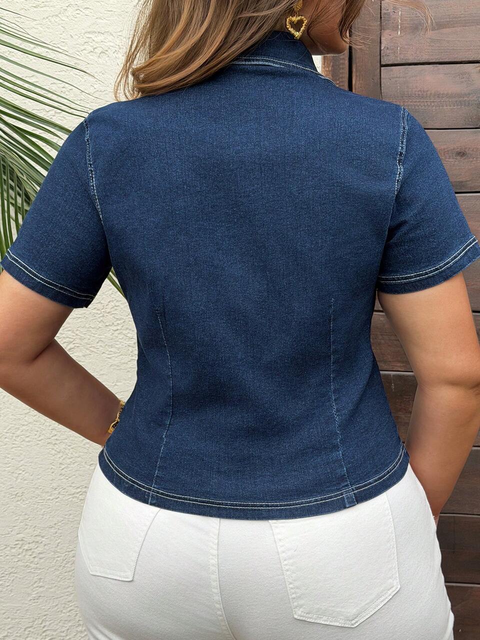 Dazy Plus Plus Size Women's Western Cowgirl Lapel Short Sleeve Solid Color Denim Jacket, Spring/Summer