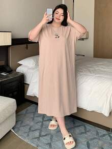 Dazy Plus Plus Size Cartoon Pattern Loose Long T-Shirt Style Nightgown, All Season Summer - Pink - View 4