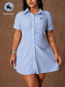 SHEIN CURVE+ Plus Size Women's Casual Striped Cinched Waist Dress, Summer - Blue - View 3