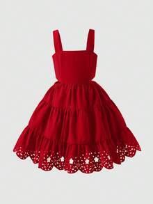 SHEIN 少女镂空刺绣荷叶边连衣裙 夏季假日 - 紅色 - 查看 4
