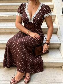 Vionelle 大码女式优雅波点撞色蕾丝收腰长连衣裙，春夏款 - 咖啡棕 - 查看 1