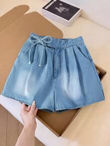 GlowEve Quần short denim xếp ly nữ, kiểu dáng thường ngày, đa năng. - Rửa nhẹ - Xem 3