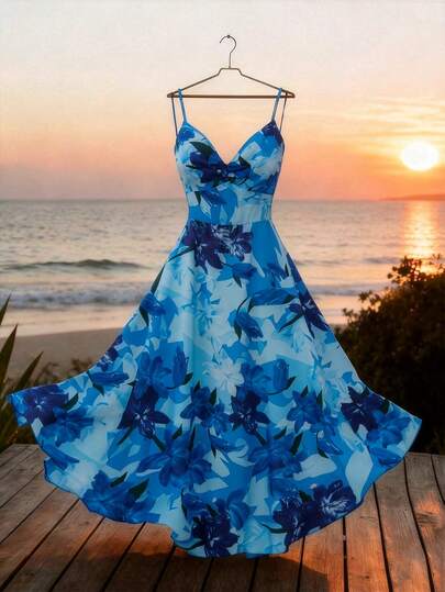 GlowEve CURVE Plus Size Women Casual Vacation Blue Floral Print Maxi Dress