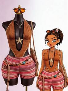 SaltGleam SaltGleam Sexy Vacation Style Tie Halter Neck Deep V-Neck Pentagram Decor Multi-Color Striped Crochet Hollow Out Jumpsuit - Multicolor - View 1