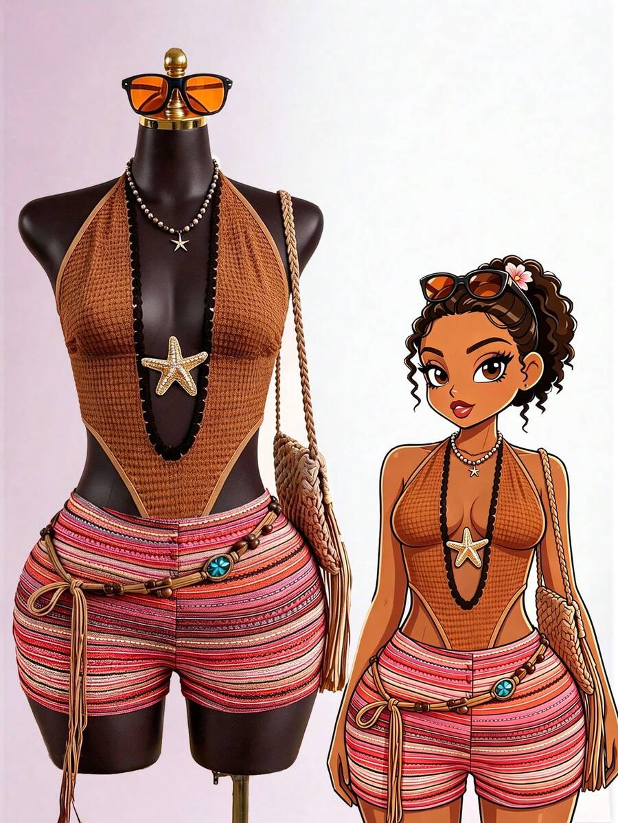 SaltGleam SaltGleam Sexy Vacation Style Tie Halter Neck Deep V-Neck Pentagram Decor Multi-Color Striped Crochet Hollow Out Jumpsuit - Multicolor - View 1