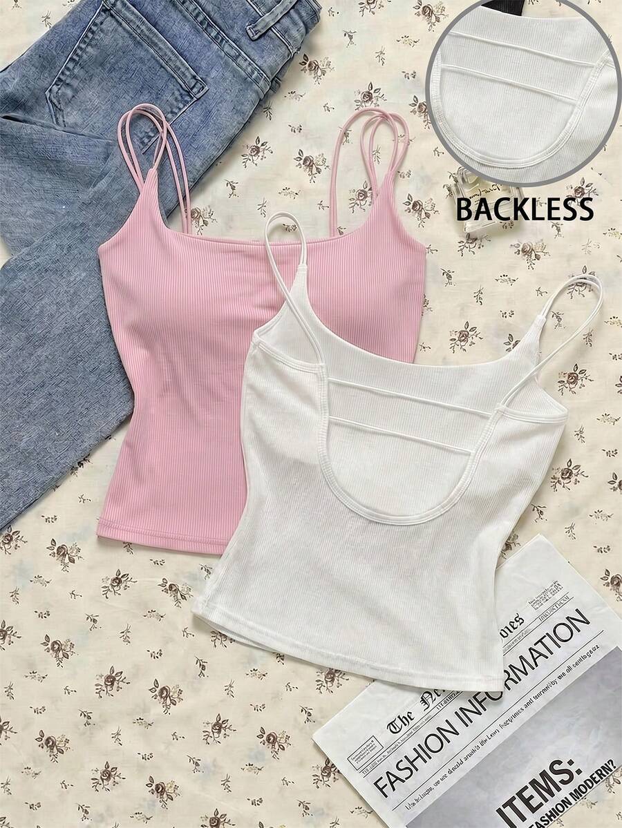 Attitoon 2pcs/Set Women's Casual Minimalist Pink & White Tank Tops, Suitable For Summer - Multicolor - View 1