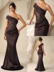 Coutiva Vestido de noche formal de cola de pez con parches de lentejuelas para mujer - Café integral - Ver 1