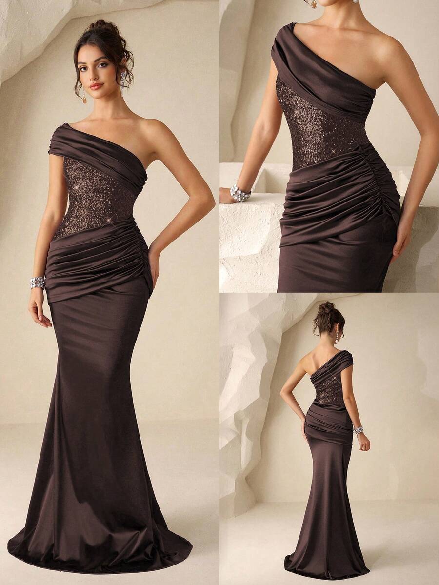 Coutiva Vestido de noche formal de cola de pez con parches de lentejuelas para mujer - Café integral - Ver 1