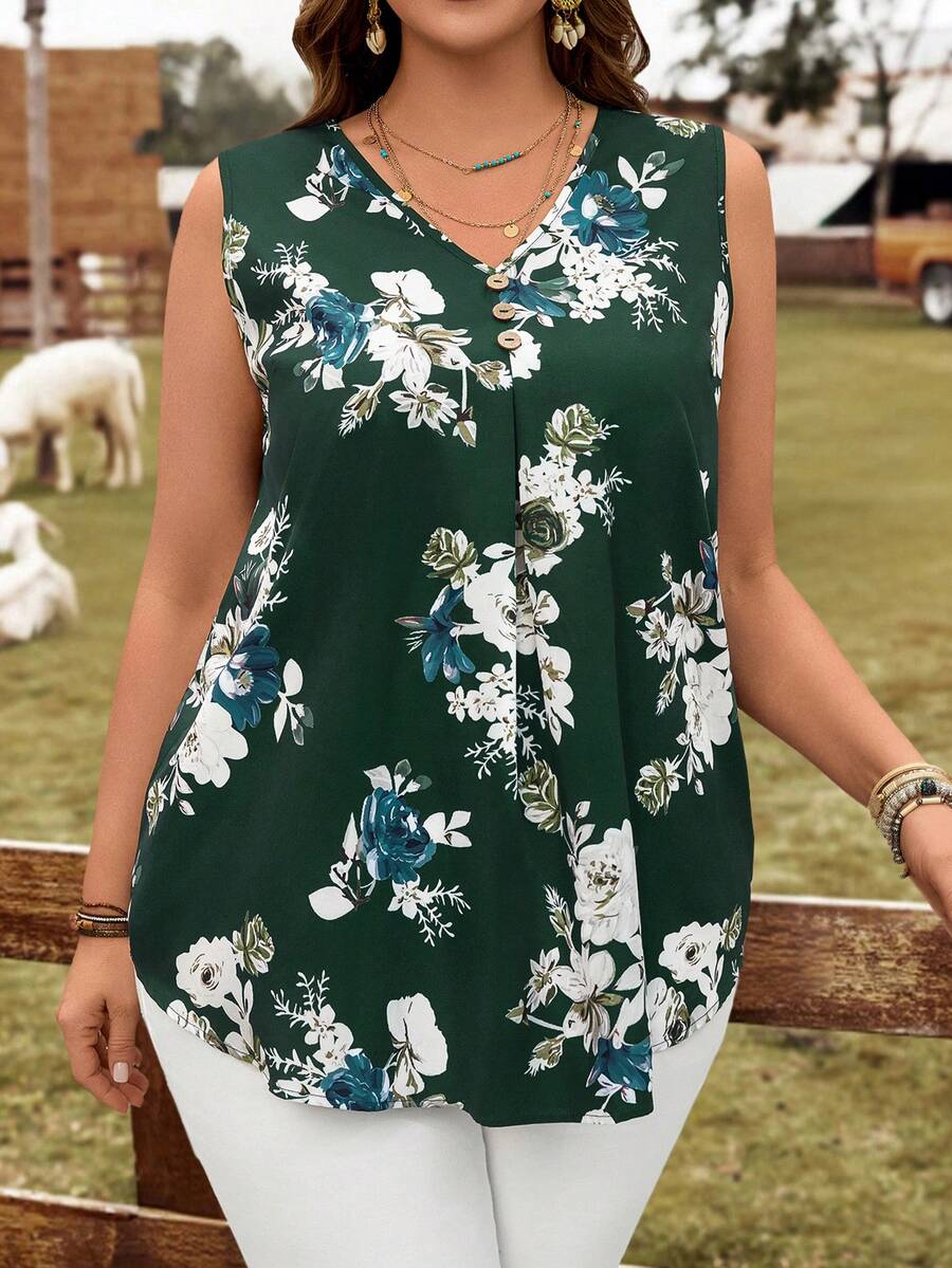 EMERY ROSE Blusa sin mangas con estampado floral verde para mujer talla grande, casual de vacaciones, blusas de verano para mujer, blusas de verano, uso casual diario, flores/verano - Verde - Ver 1