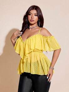 Viva Relle Áo camisole kiểu blouse size lớn màu trơn gợi cảm viền bèo nhún - Vàng nhạt - Xem 4