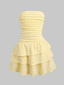 SHEIN Tween Girls' Pale Yellow Summer Cute Vacation Holiday Casual Minimalist Comfortable Textured Knit Fabric Layered Ruffle Trim Tube Top Dress - Yellow - View 2