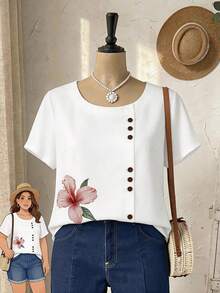 EMERY ROSE Plus Size Women Floral Print Round Neck Casual Versatile Daily Wear Shirt - White - View 3