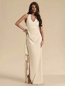SHEIN BAE Spring & Summer Bridesmaid Dress, Deep V-Neck Halter Ruffle High Slit Ruffled Wrap Long Red For Women, Elegant Maxi - Apricot - View 3