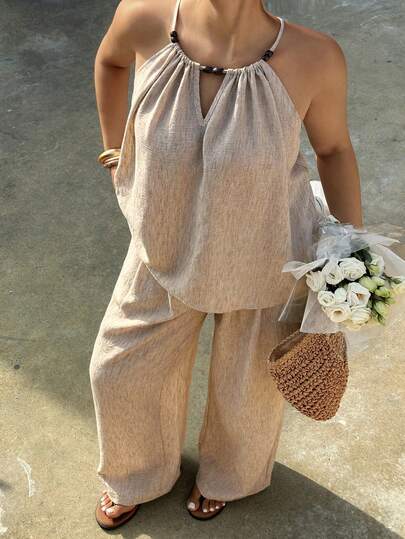 Dazy Plus Spring & Summer Loose Casual Vacation Style Sleeveless Top And Wide Leg Pants 2 Pieces Set, Plus Size