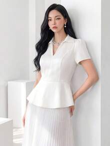 Heiryn 女士纯色褶皱休闲派对中长连衣裙 - 白色 - 查看 7