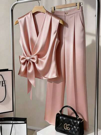 Ellevyn V-Neck Sleeveless Tie-Up Top And Wide-Leg Pants Set, Suitable For Commuting And Daily Wear