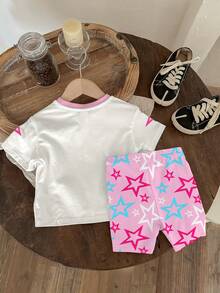 Cartoon Print Crew Neck T-Shirt And Shorts Casual Daily 2-Piece Set For Teen Girls - Multicolor - View 3