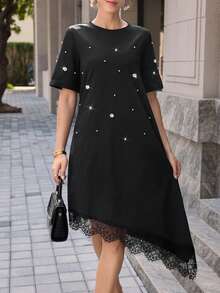 Lacomfia Women's Black Summer Elegant Tea Party Dress,Boat Neck Bubble Bead & Lace Trim Knit Mid-Length Casual Dress,Pearl Pin New Arrival Goth Style Dress - Black - View 5