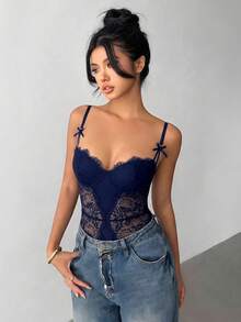 Aloruh Lace & Mesh Splice Sexy Bodysuit - Navy Blue - View 2