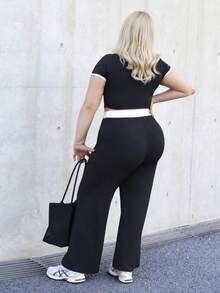 CHERRY TINTT SELECTION Conjunto de camiseta y pantalones de contraste de color negro y blanco, talla grande para mujer - Blanco y Negro - Ver 2