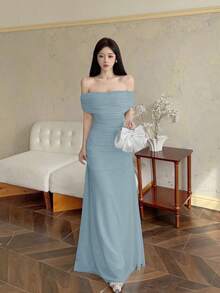 Modelyn 女士露肩褶皱腰身优雅婚礼/场合礼服 - 霧霾藍 - 查看 3