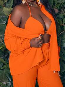 SHEIN CURVE+ Bộ đồ 3 món dành cho nữ cỡ lớn, màu trơn, gồm áo hai dây buộc cổ, quần và áo khoác cardigan, thích hợp mặc hàng ngày. - Màu Cam cháy - Xem 5