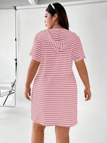 Vionelle Ribbed Hooded Drawstring Casual Dress, Plus Size - Pink - View 2