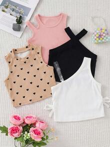 Conjunto de 4 piezas de chaleco de punto de unicolor con patrón de corazón para niña - Multicolor - Ver 3